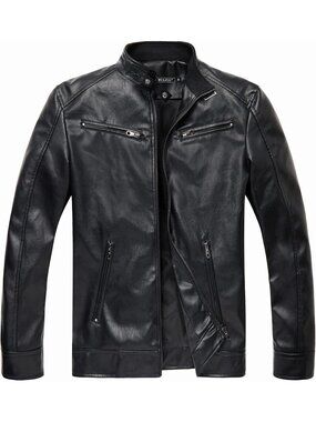Men’s Faux Leather Motorcycle Jacket Stand Collar Lightweight Biker Coat-Black